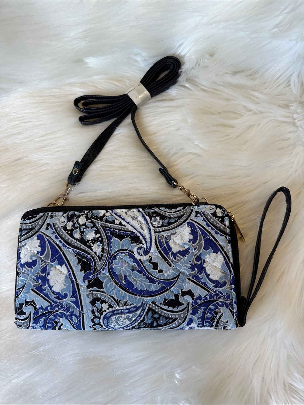 Small Blue Paisley Wristlet Clutch with Removable Strap